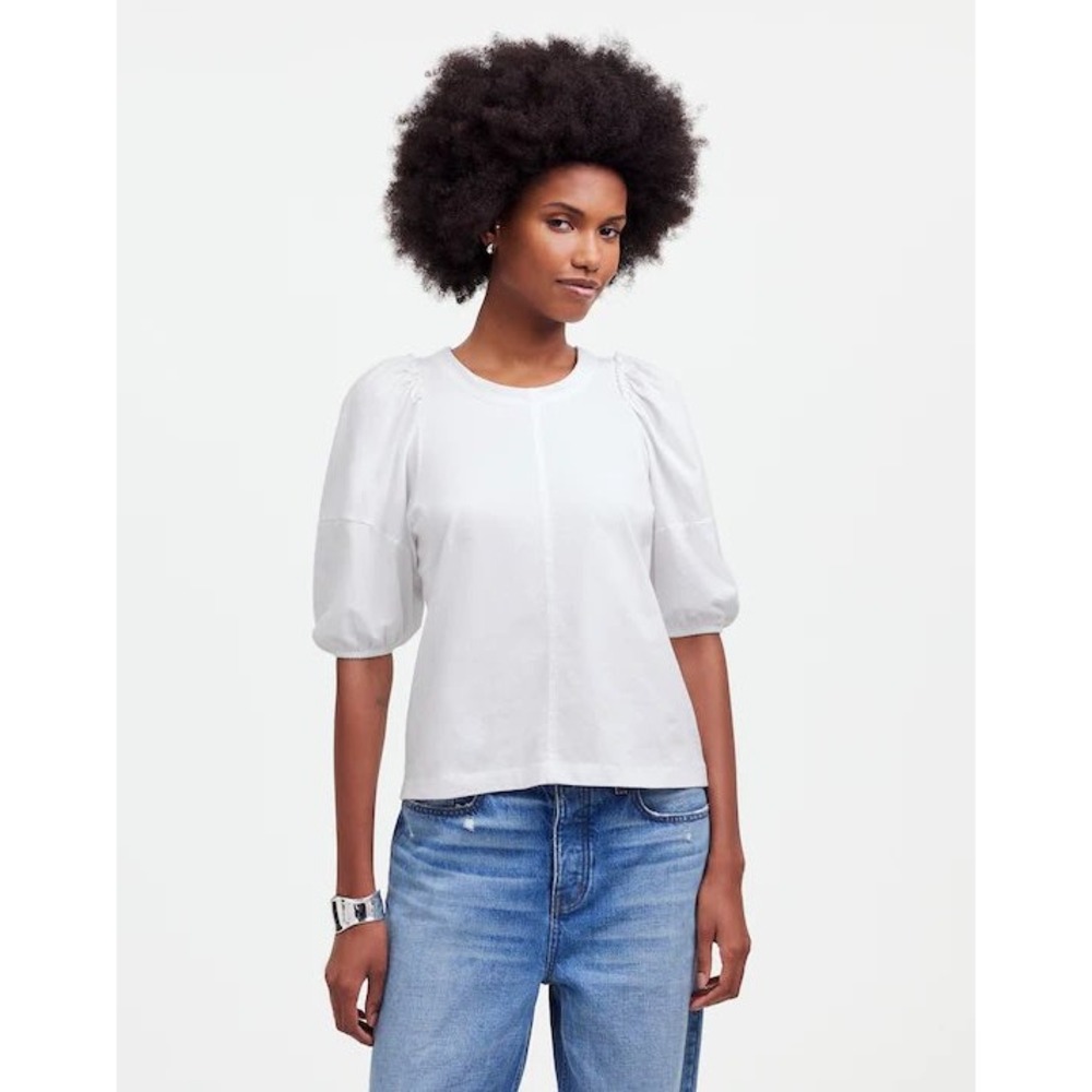 Madewell White Cotton Puff-Sleeve Tee Crew Neck Size XS NWT